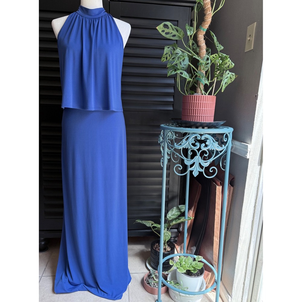 Cobalt Blue Leota Sophisticated Maxi Dress Semi Formal Halter Tie Neck